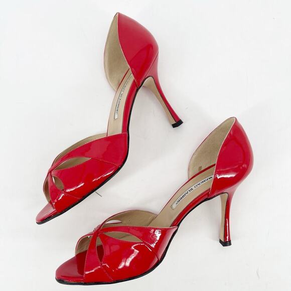 Manolo Blahnik Retro Red Patent Leather Butterflop Peep Toe D'Orsay Pump IT 38.5 - Picture 5 of 16